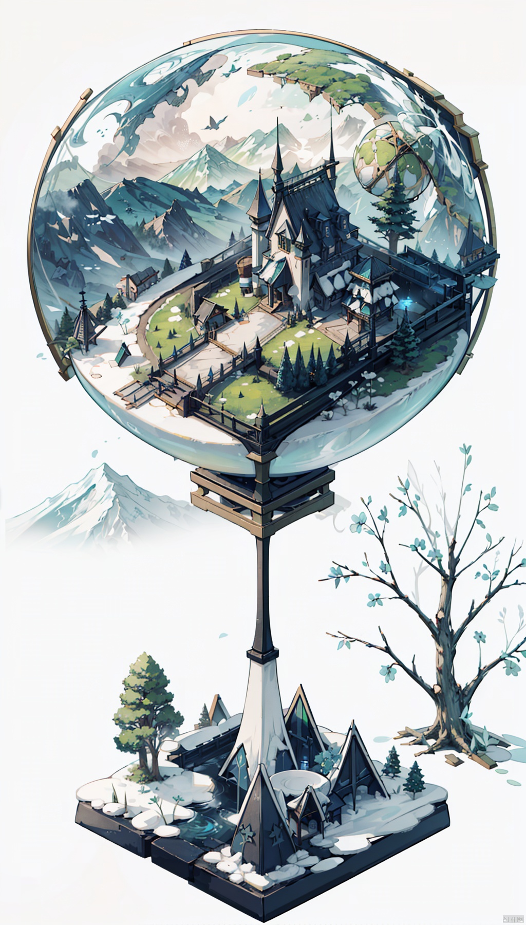 (best quality), (4k resolution), creative illustration of a miniature world on a white pedestal. The world is a green sphere with various natural and artificial elements. There is a river, trees, mountains, and a small house on the sphere. The image has a minimalist style with a light color palette that creates a contrast with the white background