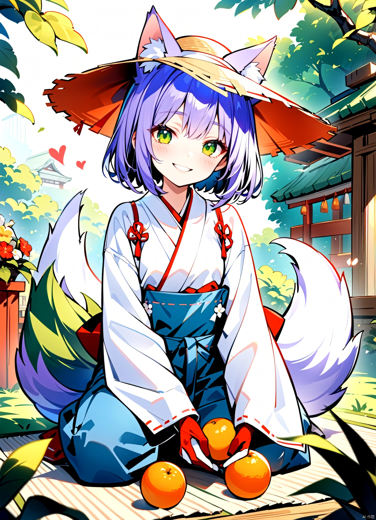  1girl, 400yo, miko, solo, sitting on the floor, grasping knees, slouch, smirk, head tilt, Japanese shrine maiden clothes, sleeves past wrists, golden longhair, red eyes, upturned eyes, fox ears, 9+ golden fox tails, indoor, tatami,9+tails，(female): solo, (perfect face), (detailed outfit), (20 years old), (chibi), (((heart:1.3))), fruit farmer, (cat ears:1.2), happy, smiling, (dancing), purple hair, short hair, bob cut hair, green eyes, light skin, (denim overalls), (rubber boots), straw hat, (basket of fruits), (gardening gloves)

(background): from front, outdoor, orchard, (fruit trees), (ladder), (baskets), (birds), morning, sunny

(effects): (masterpiece), (best quality), (sharp focus), (depth of field), (high res), more_details:-1, more_details:0, more_details:0.5, more_details:1, more_details:1.5