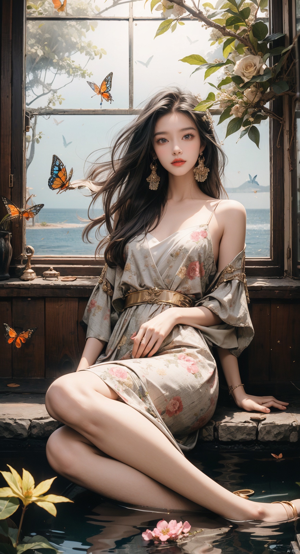  best quality, masterpiece, photo realistic,highly detailed, fashion photography, full body shot,full body photo,(a girl sitting on seawater:1.1), (seawater:1.1), reflection in water, lantern, (bonsai:1.1), (firefly: 1.4), insects, purist, esoteric,occult, geometric,(night:1.1), (gold/black theme:1.2),nature, dress, flowers,butterfly,girl, Aesthetic Background,sen,plan,flowers,tree,guanyin,bj_Devil_angel,flower,machinery,fairy tale girl,vortex,Chinese style,nvshen,ghostdom,Night scene,Colorful portraits,baihuaniang,evil ghost