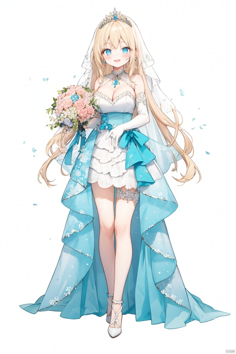  1girl, blonde_hair, bouquet, breasts, cleavage, dress, earrings, flower, full_body, gloves, high_heels, jewelry, lipstick, long_hair, looking_at_viewer, rose, simple_background, smile, solo, standing, tiara, veil, wavy_hair, wedding_dress, white_background, white_dress, white_footwear, white_gloves