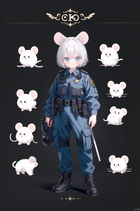 Imaginative concept art of a cute creature inspired by Lora, with the appearance of a mouse and dressed as a policeman. (CuteCreatures tag weighted at 0.9)
