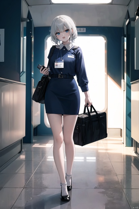 masterpiece,best quality,beautiful quality,photorealistic,looking at viewer,detailed lighting,extremely detailed skin,extremely detailed hair,extremely detailed teeth,shadows,(8k:1.2),(a picture of a woman is a stewardess),(1girl:1.2),(full body),stewardess uniform,id card