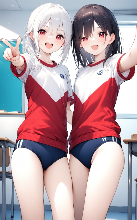 classroom, 2girls, slender, gym uniform, buruma, happy laughing, 17 years old, nice body, posing, pointing at viewer, ((masterpiece)), ((best quality)), (ultra-detailed)