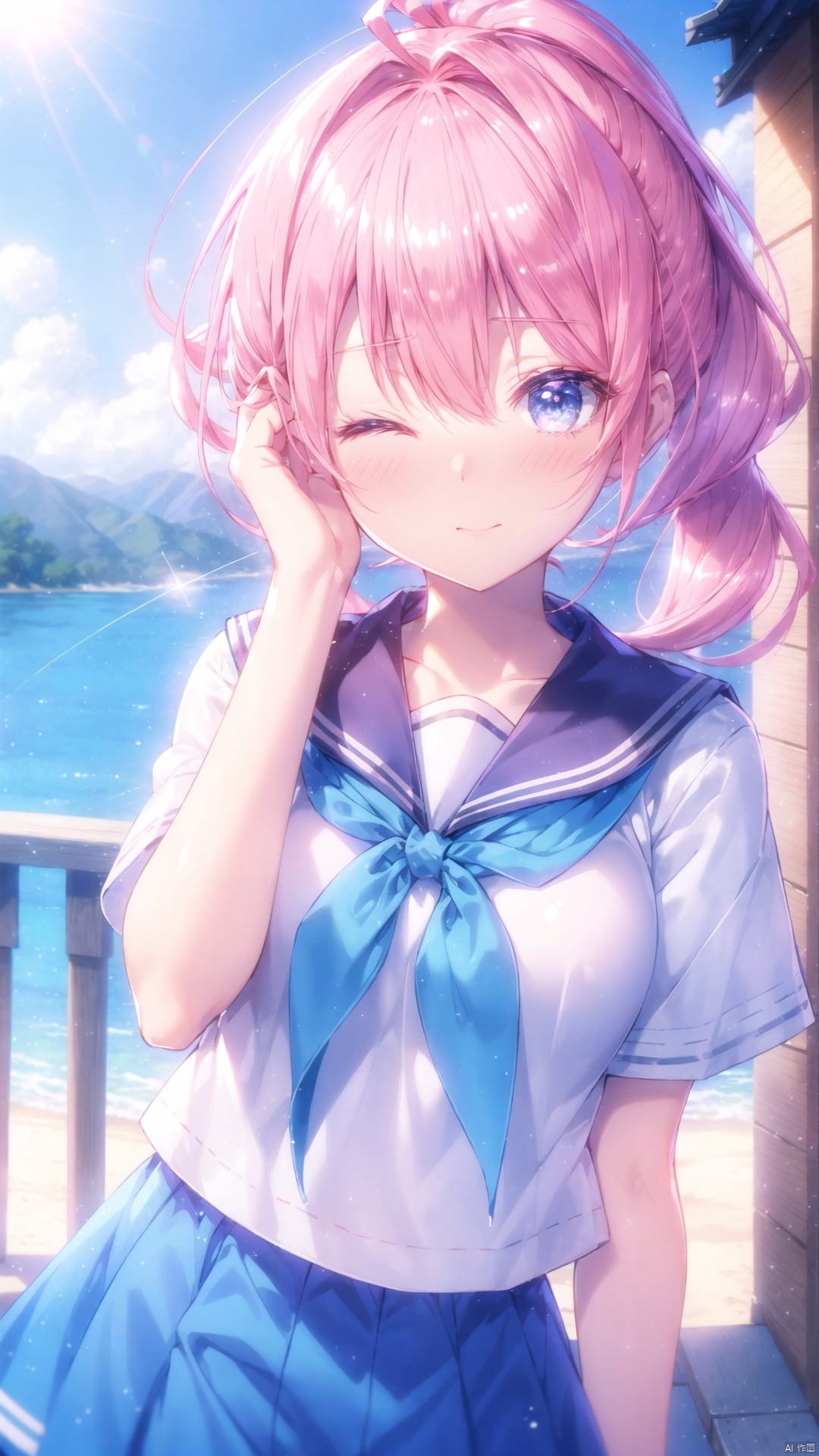 masterpiece, best quality, ultra-detailed, beautiful, nai3, 1girl, solo focus, pov, headpat, cute, kawaii, pink hair, low ponytail, hair over one eye, ahoge, ((shiny hair)), blue eyes, ((shiny eyes)), (detailed eyes), shy, nervous, embarrassed, sweatdrop, full-face blush, one eye closed, serafuku, blue neckerchief, short sleeves, outdoors, scenery, sunlight, light particles