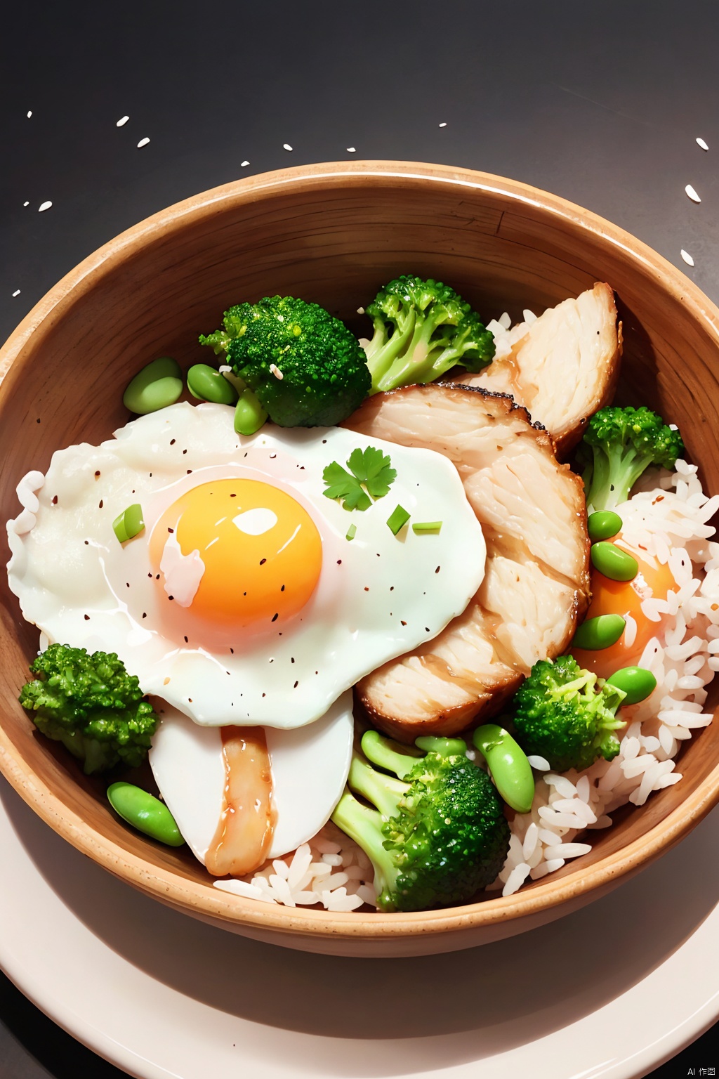 animation,animation,high quality,high resolution,rice bowl,fried egg,braised pork,diced radish,beans,rice,broccoli