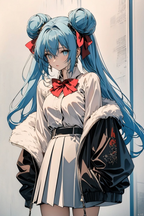  no cloth, cute girl，Long hair, light blue hair, pink streaks of hair, space bun hairstyle, flower hairpin, blue eyes, long-sleeve, button-up white shirt, a gray jacket with blue-green stripes, a red bow, dark blue-green pleated skirt, school background, add_detail:1, add_detail:0, add_detail:0.5