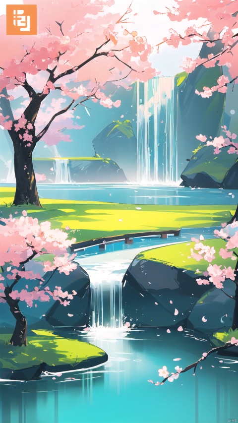(Chinese landscape), abstract painting, (Zen, Amy Sol style), (spring, green tree, peach blossom, stream, Chinese style architecture), cover art with light abstraction, simple vector art, contemporary Chinese art, color gradients, soft color palettes, layered forms, whimsical animation, style Ethereal abstract, 4K