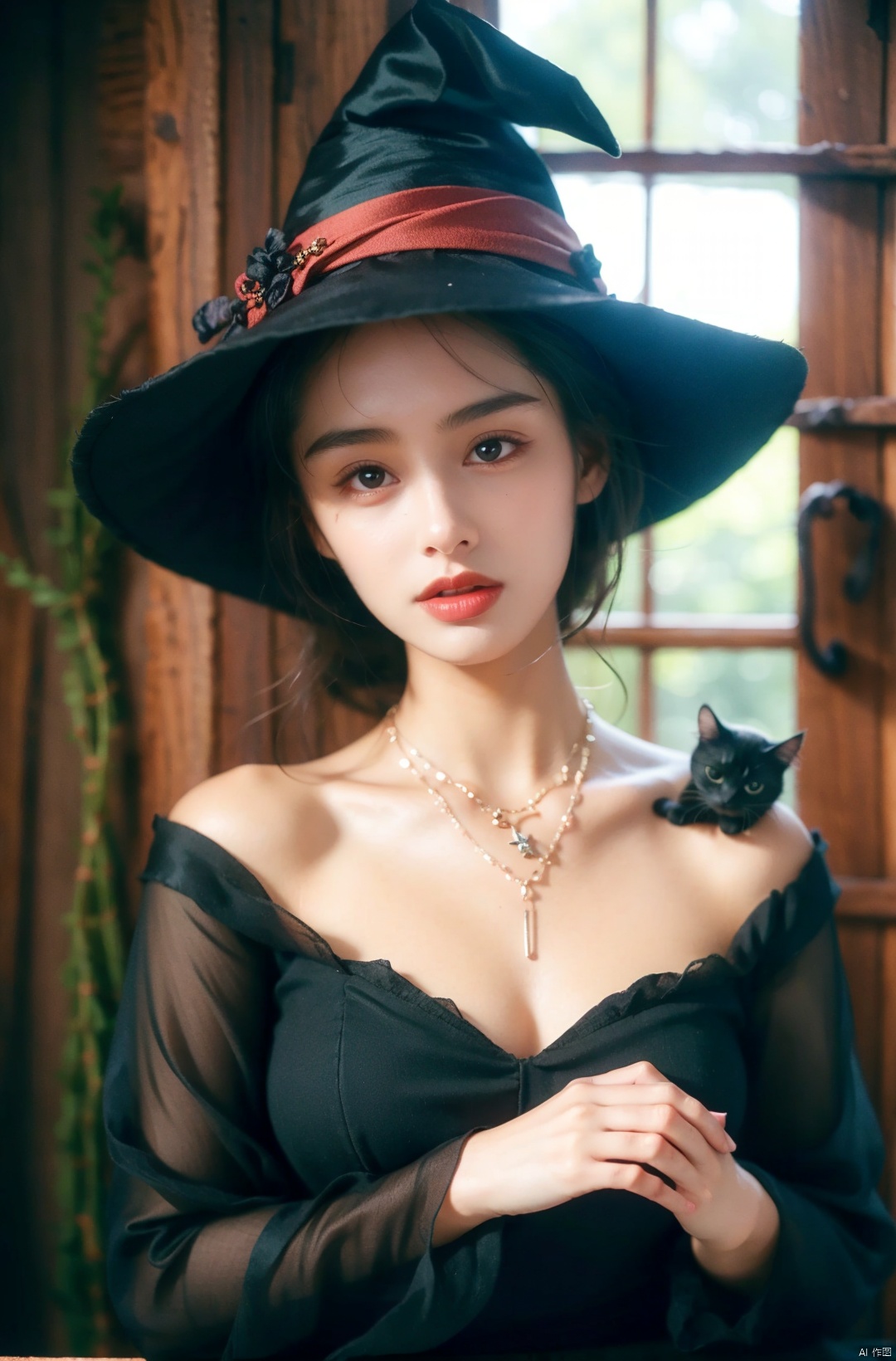 1girl ,Witch,Petting a black cat,Wearing a mysterious black necklace,At the secret base. Moreover,The witch is surrounded by a magical aura,Her skin shows pale and mysterious tones