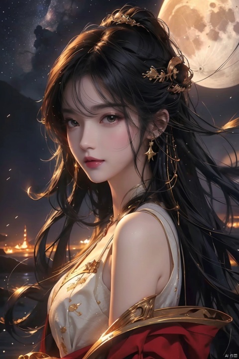  leogirl, cute 1girl, messy long black hair,detailed face, realistic, photorealistic, (studio light:1.2),smile，A painting of a river with stars and moon in the sky,concept art inspired by Tosa Mitsuoki,pixiv contest winner,best quality,fantasy art,beautiful anime scene,golden moon. A bright moon,starry sky environment under the moonlight,dream painting,anime background art,fantasy landscape art,dreamy night,anime background,background artwork,dreamy art,atmospheric anime,starry sky,details enhanced.