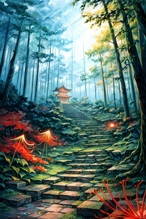 Masterpiece, best quality, 8K, high res, ultra-detailed, no humans, beautiful view, ultra -detailed, fine detailed, highly detailed, intricate, highly detailed, ultra-detailed, scenery, misty atmosphere, solitary, intricate details, delicate features, deep forest, wisps of light, pristine, japanese temple, mysticism, night, red lanterns burning, fireflies, fiery butterflies, gloomy atmosphere, temple in the forest, (((red spider lily flowers))), mossy stairway in the temple, mysterious forest, dilapidated temple, bamboo sanctuary, will-o'-the-wisps, dilapidated temple, lora:Freehand_Brushwork:1, wild nature oil painting, STRQROW, RED EYES, BLACK HAIR, STUBBLE, CAPE, SHIRT, VEST, PANTS