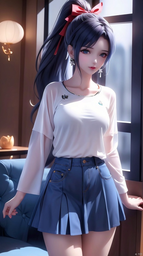A long shirt with a red and navy fine check pattern, a white T-shirt, a very long light blue denim skirt, white sneakers, more_details:-1, more_details:0, more_details:0.5, more_details:1, more_details:1.5, akatsuki minami, blue eyes, brown hair, ponytail, hair bow, sidelocks, black bow
