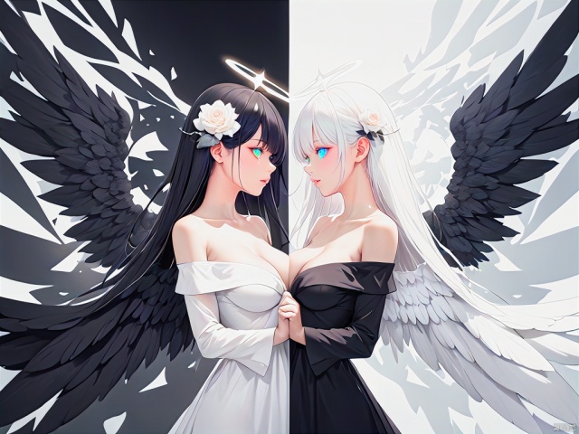  2girls, looking eachother, BREAK white_angel with white further wing,light halo,white tone color BREAK black_angel with black further wing,dark halo,black tone color,solo,(((((split theme))))),symmetry:1.3,upper body,cleavage,off shoulder,hair flower,off-shoulder dress,puffy long sleeves,puffy sleeves,rose petals,mandala,chaos,Radial,streamlined,fractal art,art design,burst,Heterochromatic pupil,Anime style,
