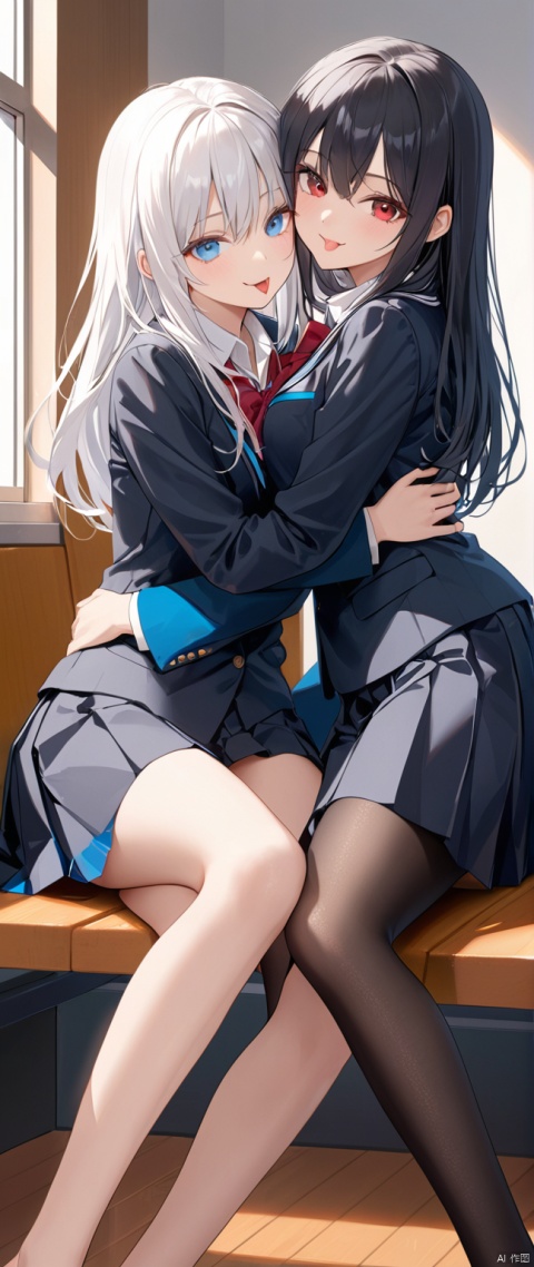  the best quality, masterpiece, super details, fine fabrics, high detail skin, finely detailed eyes and detailed face,smooth skin,extremely fine and detailed,Perfect details, high resolution, the whole body,White hair and red eyes,blue eyes,Black long hair,breast,hug,2girls,Bare leg,toes,black Pantyhose,school uniform,smile,stick out your tongue,sitting