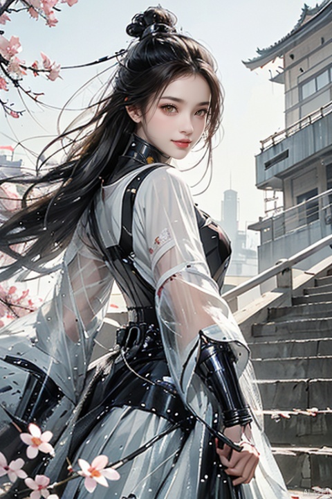  masterpiece, best quality, 1girl, yellow eyes, Beautiful face, delicate eyes, smile, long hair, white hair, tree, stairs, standing, sky, cherry blossoms, temple, looking at viewer, upper body, from below, looking back, ((Mecha)), young girl, Cyberpunk, CyberMechaGirl
