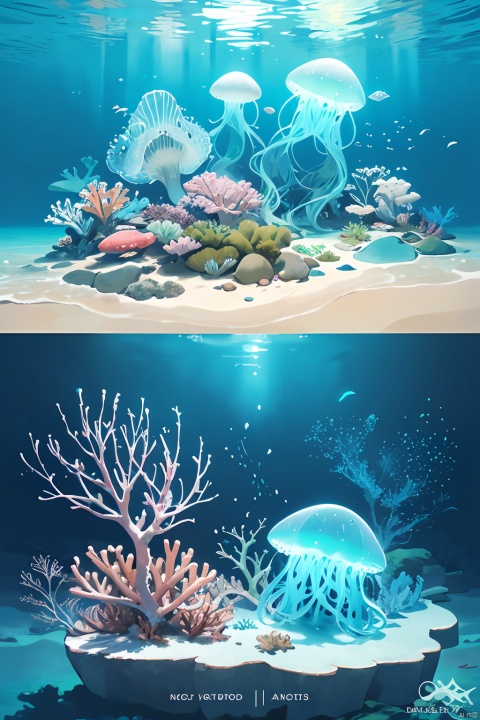 marine theme with natural elements. Tall mangroves, rich marine plants, glowing jellyfish, surrounded by schools of fish, glowing particle effects,, (marine plants), (ocean theme), ((luminous algae)), (coral), ((glowing jellyfish )), ((Glow Creatures in Seawater)), ((Sea Fire)), (((Particle Effect))), Isometric 3D, Octane Rendering, Ray Tracing, Super Detailed