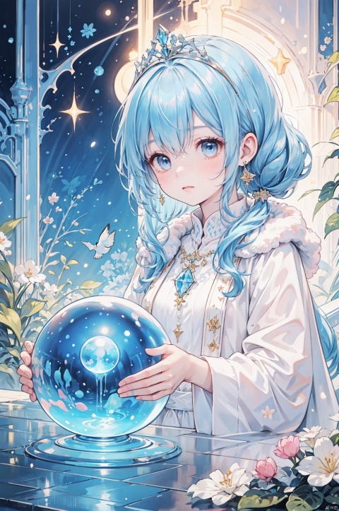  a bird,tiara，holy light，masterpiece,best quality,8K,wallpaper,depth of field,a girl,solo,blue hair,water magic,magician,black hair accessories,jewelry,hair ornament,staff,(beautiful detail light blue crystal ball:1.2),low ponytail,night,long hair,winter,drop earring,close up