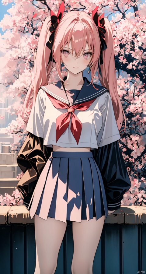  1girl, solo, long_hair, pink_hair, cherry_blossoms, skirt, very_long_hair, ripples, school_uniform, twintails, black_skirt, reflection, serafuku, from_above, neckerchief, shirt, pleated_skirt, pink_eyes, sailor_collar, long_sleeves, black_shirt, flower, black_serafuku, sitting, water, looking_up, bangs, looking_at_viewer, petals, closed_mouth, black_sailor_collar