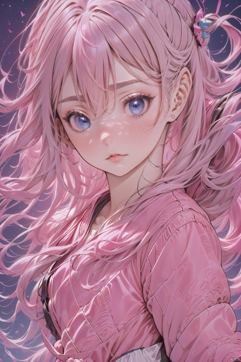 1girl, extremely detailed,8k, beautiful, detailed eyes,  (hair ornament, cube hair ornament, blue eyes, pink long hair, pink track jacket, bangs, hair between eyes), looking at viewer, close up, (elegant pose),strong dark colors, (depth of field), (dynamic), (epic),sharp focus, (intricate details), Full color, outdoor, cowboy shot