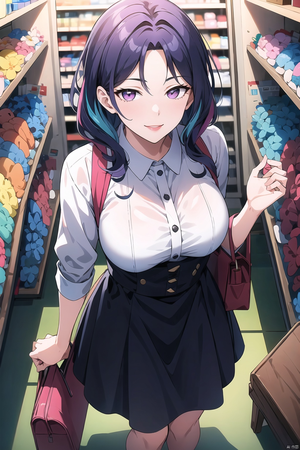  masterpiece,best quality,(colorful:1.4),from above,solo,1girl standing in a store with lots of stuffed animals on the shelves and a bag of stuff,black and blue hair color,purple eyes,smiling,depth of field,fisheye lens