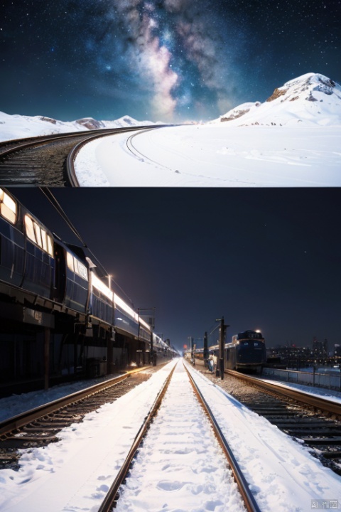 There is a train running along the tracks in the snow,Makoto Shinka's concept art,tumblr,magic realism,beautiful anime scenes,cosmic sky,((makoto shinkai)),anime background art, anime backgrounds,galaxy express, no humans
