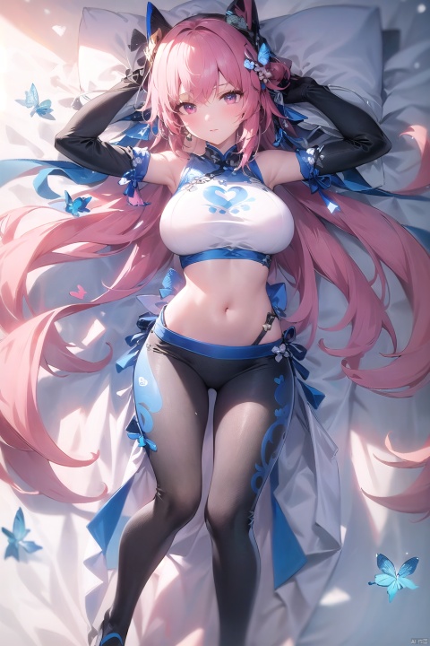  1 girl, (light gray tight yoga suit), multi-color hair, pink hair, butterfly headband, white esports earphones, (snow), full body, lying down, navel, fair and transparent skin, viewed from above, represented by heart shape, decorated with blue heart shape, using a large number of heart shapes, using a large number of blue heart shapes as background, using a large number of blue, using a large number of blue flowers, soft light, masterpiece, best quality, 8K, HDR, xiqing, hy, (\fan hua\), jiangli, xuxin