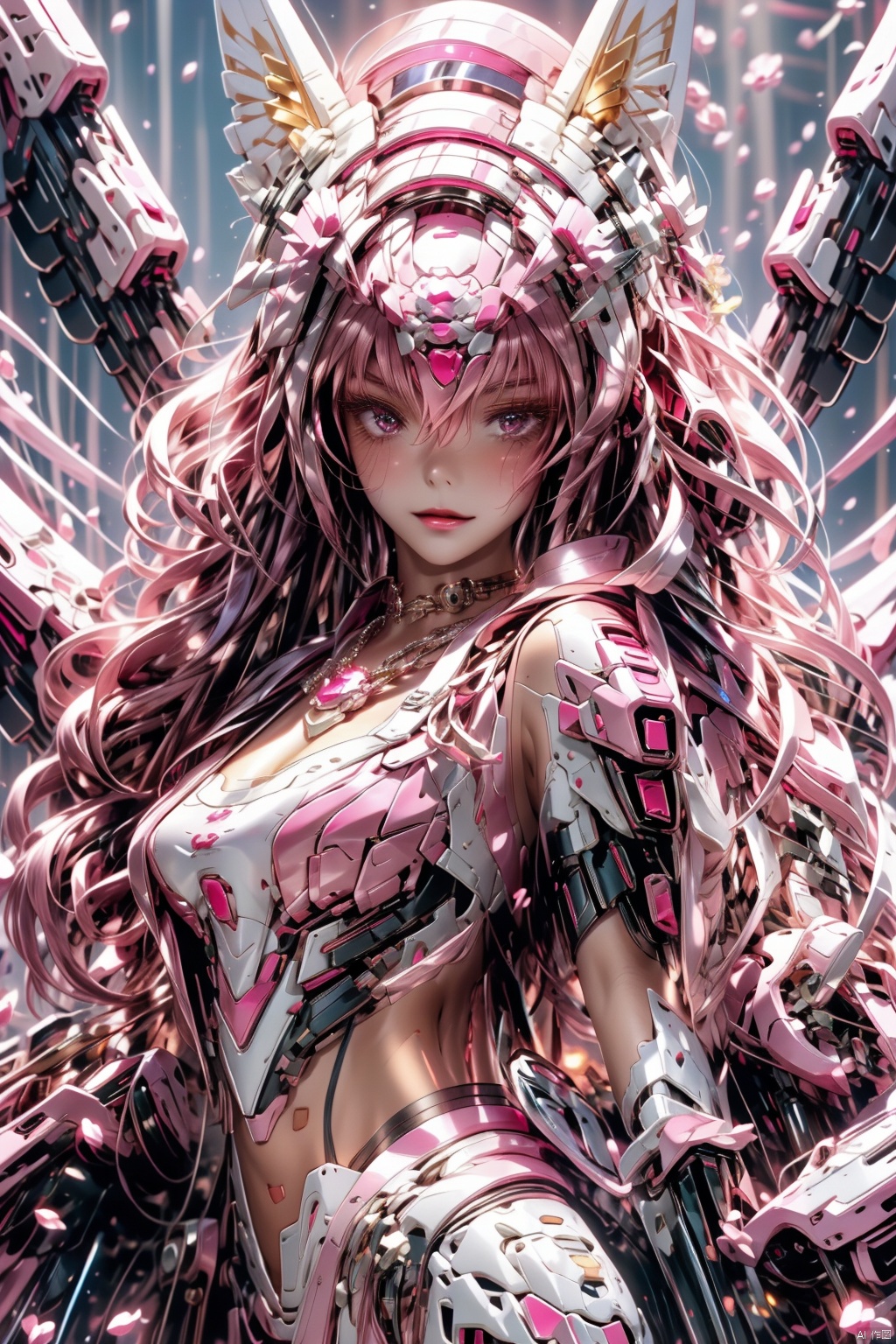 masterpiece, best quality, (pastel color:1.2), pop vibrant color, 1 woman, Elysia \(herrscher of human:ego\) \(honkai impact\), extra long hair, pink hair, (nine-tailed fox), fox ears, (oriental lingerie with flowing ribbon), Rhinestone embroidery, Shoulder Necklace, jewellery, Pearl Beaded body necklace, spiritual forest, sakura, standing, elegant pose, spreading her tails, backlit, flying petals