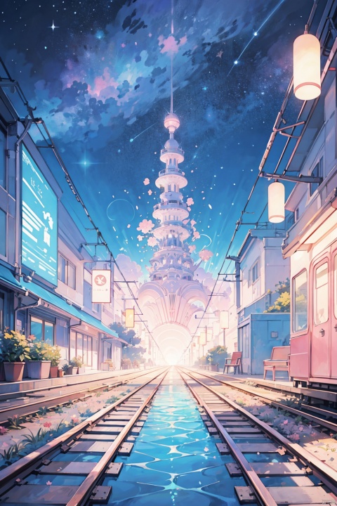 Masterpiece,anime train passing through bodies of water on tracks,purple and pink starry sky,brilliant starry sky. Romantic train,Makoto Shinkai's picture,pixiv,concept art,lofi art style,reflection. by Makoto Shinkai,lofi art,Beautiful anime scene,Anime landscape,detailed scenery ,in style of Makoto shinkai,style of Makoto shinkai,enhanced details