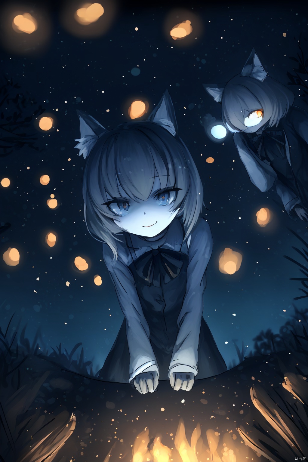 ( eyeballs style:1.2), Happy Valentine,  low point of view, voyeuristic, Three catgirls, forest at night, mysterious gathering, bonfire, fun, joking around, catgirls unaware, dark forest, Complicated large eyeballs, glowing in the dark, stare here, Tiny eerie creatures, eyeballs emerging from the earth, a fantastic sight, forbidden ritual not to be seen, anxiety, frenzy, artistic, famous scene, starrystarscloudcolorful, richly dressed, feline girl, insanevoid, (glowing eyes:0.7), extra eyes, horror \(theme\)