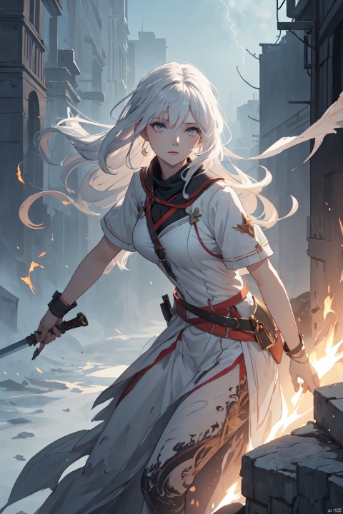 1girl, swordsman, white hair, red streak, long hair high resolution, max resolution, battle, holding sword, looking at viewer, high definition, brushwork, canvas texture, full body, masterpiece, detailed background, intricate, detailed eyes, bright eyes, Volumetric Lighting, Sharp Focus, vivid background, scenic background, 8k, Perfect Hands, ink wash painting, volumetric lightning, detailed skin texture, detailed, volumetric shadow