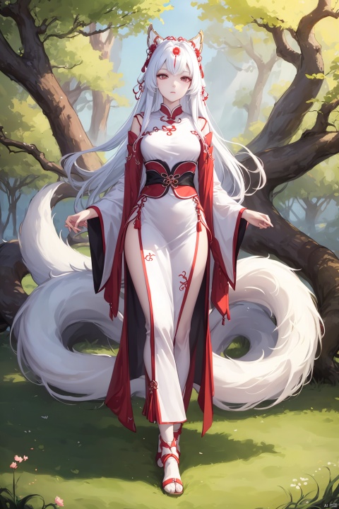  shanhaijing,a Nine-tailed fox,(9 tails:1.3),White fur,In the strange woods, the branches twist strangely,full body,3/4 profile image,wide-angle lens,panoramic view