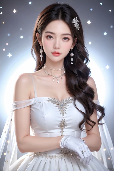  (best quality), ((masterpiece)), (highres), illustration, original, extremely detailed, yjzs, 1girl, solo, gloves, long hair, elbow gloves, brown eyes, dress, looking at viewer, jewelry, smile, earrings, transparent background, brown hair, hair ornament, white gloves, cape, simple background, white background，starry sky, night, distant theme park, more_details:-1, more_details:0, more_details:0.5, more_details:1, more_details:1.5