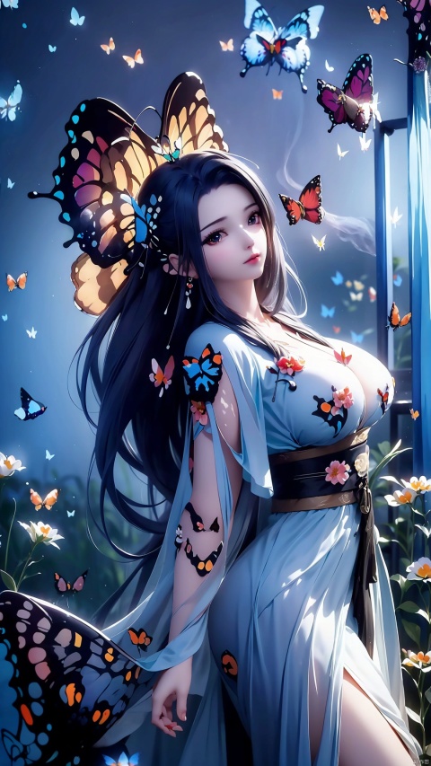 8k,single,1 girl,best quality,super high resolution,realistic,(colorful,vivid tones,art nouveau),extremely detailed lighting,cinematic lighting,soft lighting,(masterpiece,quality: 1.4),(fine fine eyes),(Yuko Ichihara,very long black hair,very long kimono,pipe),(whole body),(tall and thin,long legs),(big breasts),(symbol of the moon,round mirror,birdcage),((smoky and butterflies flying,flowers: 2))
