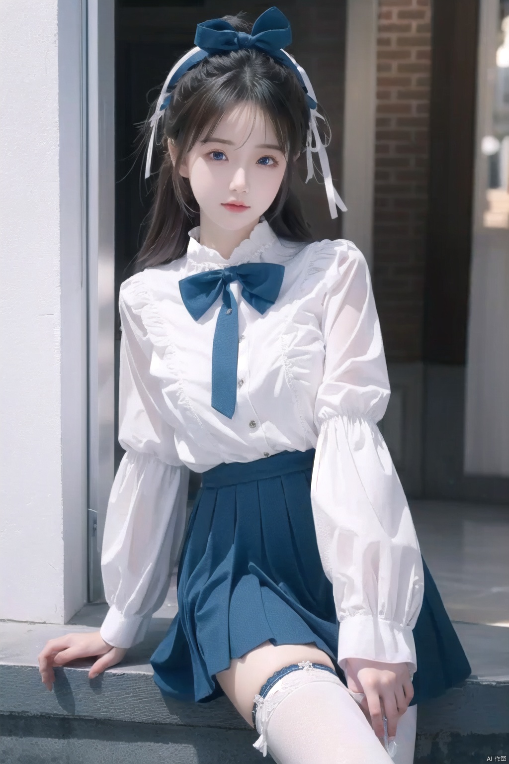masterpiece, best quality, best quality,Amazing,beautiful detailed eyes,1girl, solo,finely detail,Depth of field,extremely detailed CG unity 8k wallpaper, solo focus,{{{kafuu_chino}}}, blue_bow, blue_eyes, blue_footwear, blue_neckwear, blush, bow, hair_ornament, hairclip, long_hair, long_skirt, long_sleeves, rabbit_house_uniform, shirt, shoes, skirt, white_legwear, x_hair_ornament, {loli}.,