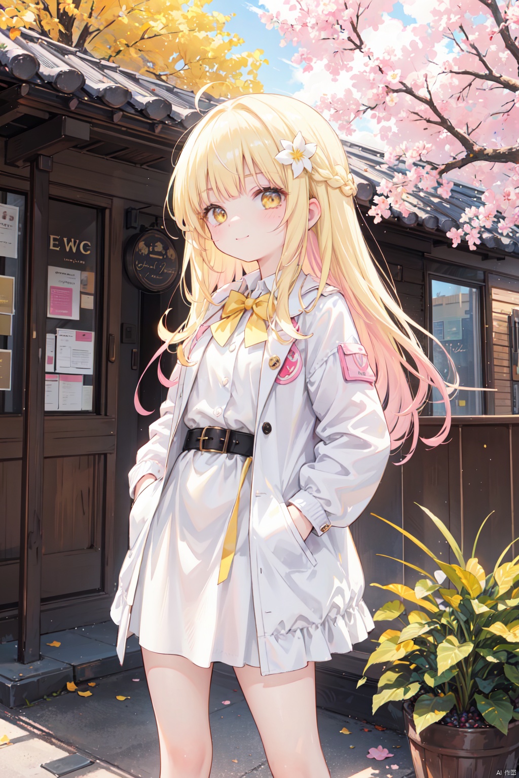  (masterpiece, best quality),1girl,solo,cuty face,Beautiful detailed eye,upper body,ray tracing,Reflected light,(very detailed light),(Beautiful Lighting),(best quality), ((masterpiece)), (highres),(loli),(petite:1.4),(white open jacket:1.4),rain,shiny clothes,white collared shirt,hair flower,fipped hair,floating hair,(blonde electricity:1.4),light smile,hands in pockets,white dress,yellow bowtie,(Yellow eyes:1.2),(Pink hair:1.2),(solo),hair flowing over, messy hair, aura,long hair, lamppost,white belt,A fruit plate with dragon fruit slices, blueberries, orange segments, watermelon, kiwi and strawberries, super realistic food pictures,, Randy Post, hyper realistic &quot;, hyper realistic&quot;, high res photo