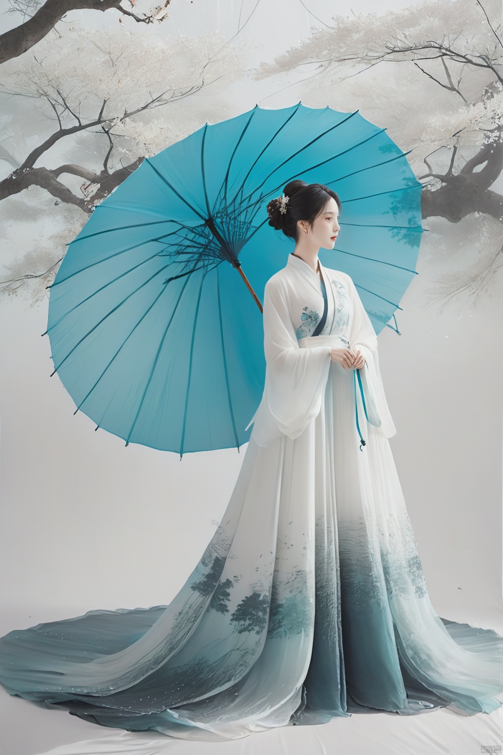  
/I Foreground a tree,  Chinese beauty holding an umbrella, cyan and white color matching, ink painting minimalist style, large white space, tulle translucent material, soft gradient, perspective aesthetics