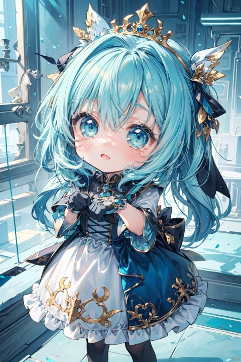 (artwork),(amazing work),(indirect linear lighting),(Chibi-cute studios),(Gif cute anime),(cute cute kawaii),(extremely detailed CG 8k unit wallpaper),1girl wearing cute dress,long blue hair with cute ruffled tiara,wearing silk gloves,white skin,green blue eyes,(cute kawaii)