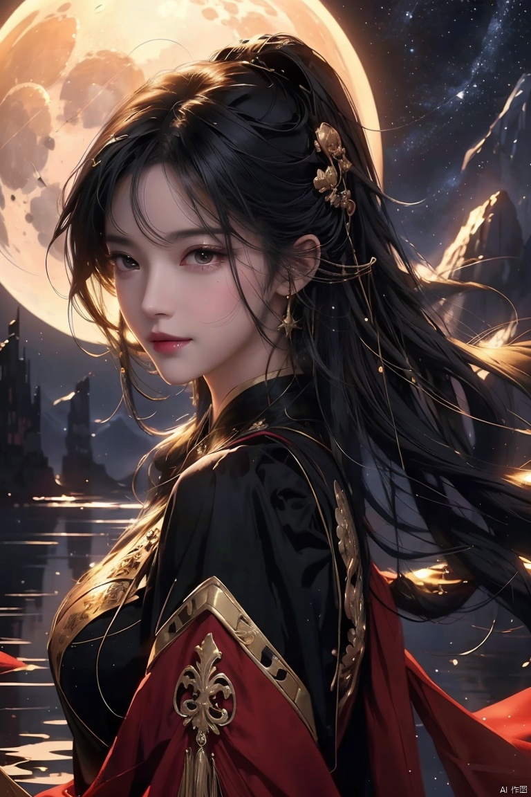  leogirl, cute 1girl, messy long black hair,detailed face, realistic, photorealistic, (studio light:1.2),smile，A painting of a river with stars and moon in the sky,concept art inspired by Tosa Mitsuoki,pixiv contest winner,best quality,fantasy art,beautiful anime scene,golden moon. A bright moon,starry sky environment under the moonlight,dream painting,anime background art,fantasy landscape art,dreamy night,anime background,background artwork,dreamy art,atmospheric anime,starry sky,details enhanced.