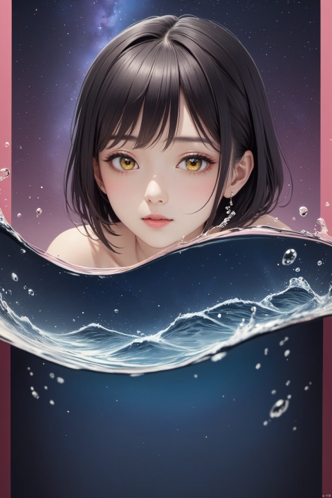  1girl,sparkling glass, sparkling star, stereoscopic Uneven crystal, realistic,Best quality, 8k, cg,high definition,pink_background,light,starry_background, naturalistic rendering, traditional chinese ink painting, 20% pink line, 10%yellow,water,corrugation,golden, 10%light blue,3D, starry sky, 1girl