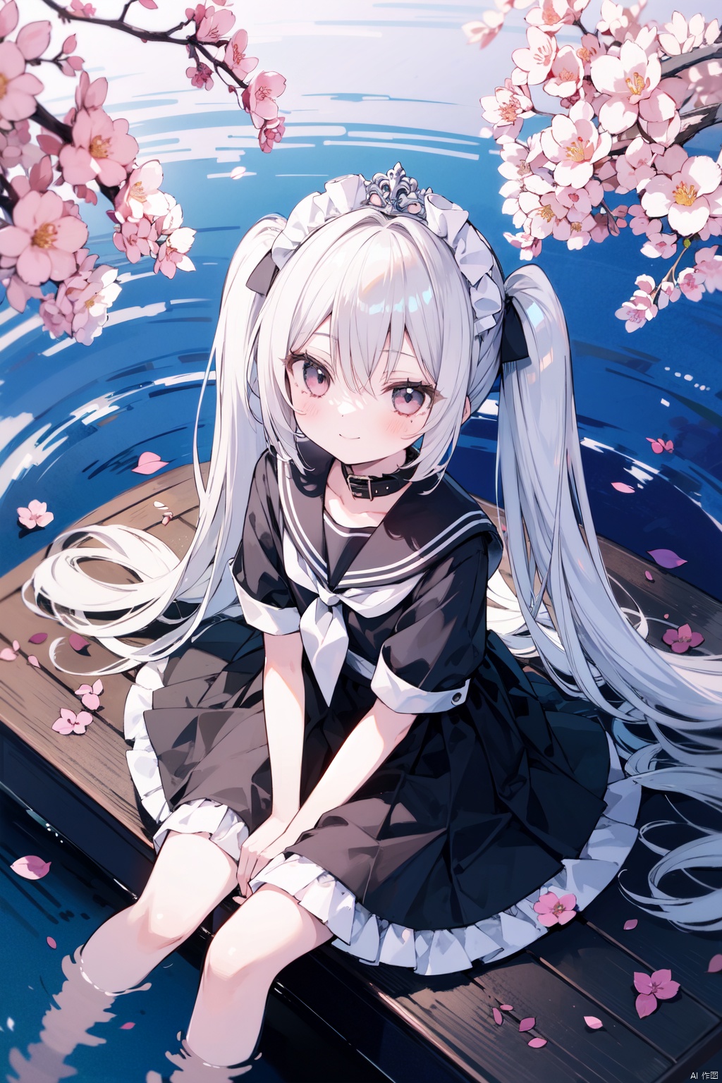  1girl, solo, long_hair, pink_hair, cherry_blossoms, skirt, very_long_hair, ripples, school_uniform, twintails, black_skirt, reflection, serafuku, from_above, neckerchief, shirt, pleated_skirt, pink_eyes, sailor_collar, long_sleeves, black_shirt, flower, black_serafuku, sitting, water, looking_up, bangs, looking_at_viewer, petals, closed_mouth, black_sailor_collar，1girl,Solo,Maid,Maid Tiara,Maid Apron,Smile,Silver Hair,Silver Black Eyes,Full Body,Hands Down,Frills,Many Frills side