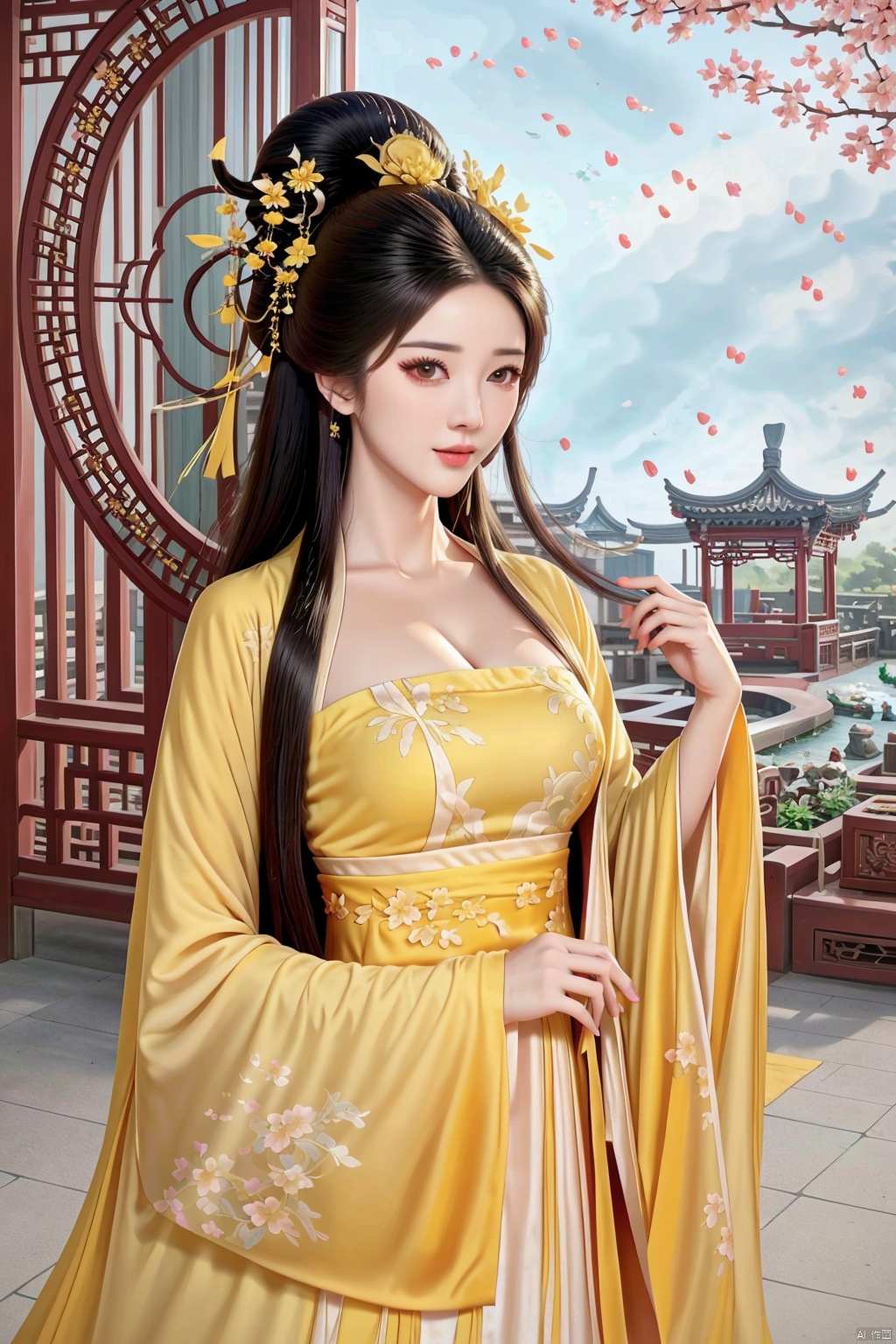  (Best quality, masterpiece, realistic, 4k),A girl,light yellow Chinese style dress,Hanfu,Medium breast,Ancient architecture, petals falling, spring, little smile,outdoor