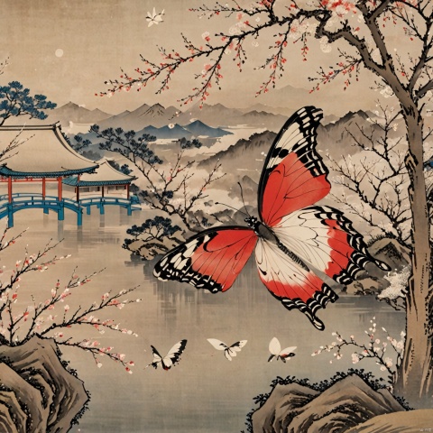  Detailed ukiyo-e of a butterfly garden,Cherryblossom,epiclight,Ukiyo-e,colorful,Illustration,月上枝头