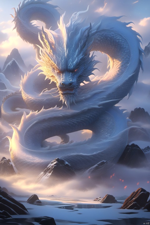  The Chinese Loong formed by ice and water has four dragon claws. The fog covers part of the dragon's body, and the dragon's body is indistinct