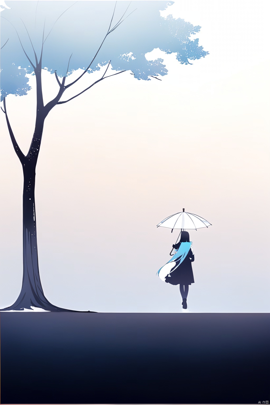  
/I Foreground a tree, Chinese beauty holding an umbrella, cyan and white color matching, ink painting minimalist style, large white space, tulle translucent material, soft gradient, perspective aesthetics