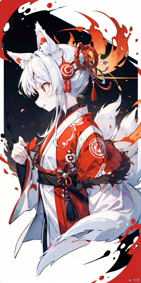 Anthropomorphic kitsune furry with nine tails with white clothing with dark red details for profile picture