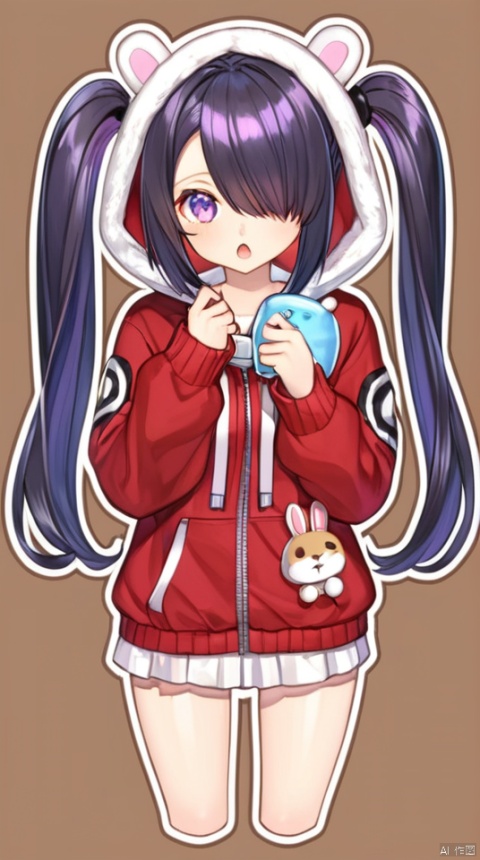  1girl, ame-chan_(needy_girl_overdose), animal_hood, animated, awayuki_(awyk_1), black_hair, bow, brown_background, character_doll, chibi, commentary_request, doll, hair_ornament, hair_over_one_eye, holding, holding_doll, hood, hood_up, hoodie, long_hair, looking_at_viewer, needy_girl_overdose, official_alternate_costume, open_mouth, outline, pill, purple_eyes, purple_hair, rabbit_hood, red_hoodie, solo, twintails, upper_body, video, white_bow, white_outline, x_hair_ornament, autoappealing, autoappealingdb, best quality, masterpiece, nai3