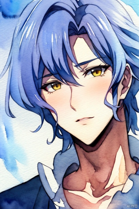 boy, purple hair, portrait, perfect face, blue shirt, ((watercolor:1.2)), asian, yellow 
 eyes