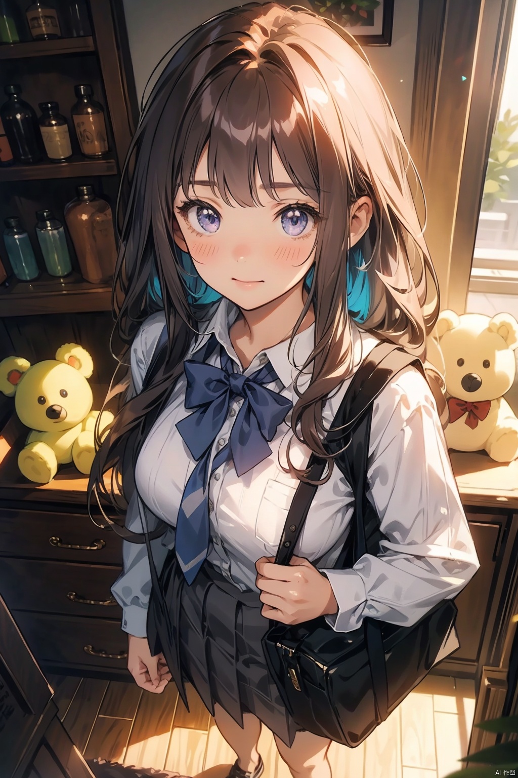  Masterpiece, high quality,best quality, extremely detailed CG unity 8k wallpaper, cute face, woman,1 adlut girl,solo, highres, smooth skin,young face, incredibly absurdres, colorful, illustration, extremely detailed eyes, stunning , long hair, (gradient 2-tone hair), (white hair), red hair,school uniform,in the bus,cozy anime， masterpiece,best quality,(colorful:1.4),from above,solo,1girl standing in a store with lots of stuffed animals on the shelves and a bag of stuff,black and blue hair color,purple eyes,smiling,depth of field,fisheye lens