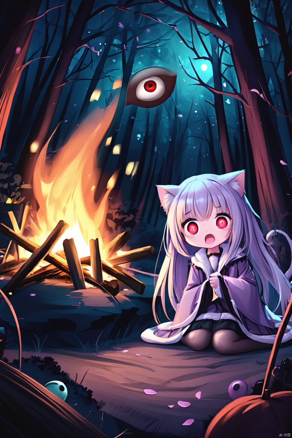 ( eyeballs style:1.2), Happy Valentine,  low point of view, voyeuristic, Three catgirls, forest at night, mysterious gathering, bonfire, fun, joking around, catgirls unaware, dark forest, Complicated large eyeballs, glowing in the dark, stare here, Tiny eerie creatures, eyeballs emerging from the earth, a fantastic sight, forbidden ritual not to be seen, anxiety, frenzy, artistic, famous scene, starrystarscloudcolorful, richly dressed, feline girl, insanevoid, (glowing eyes:0.7), extra eyes, horror \(theme\)