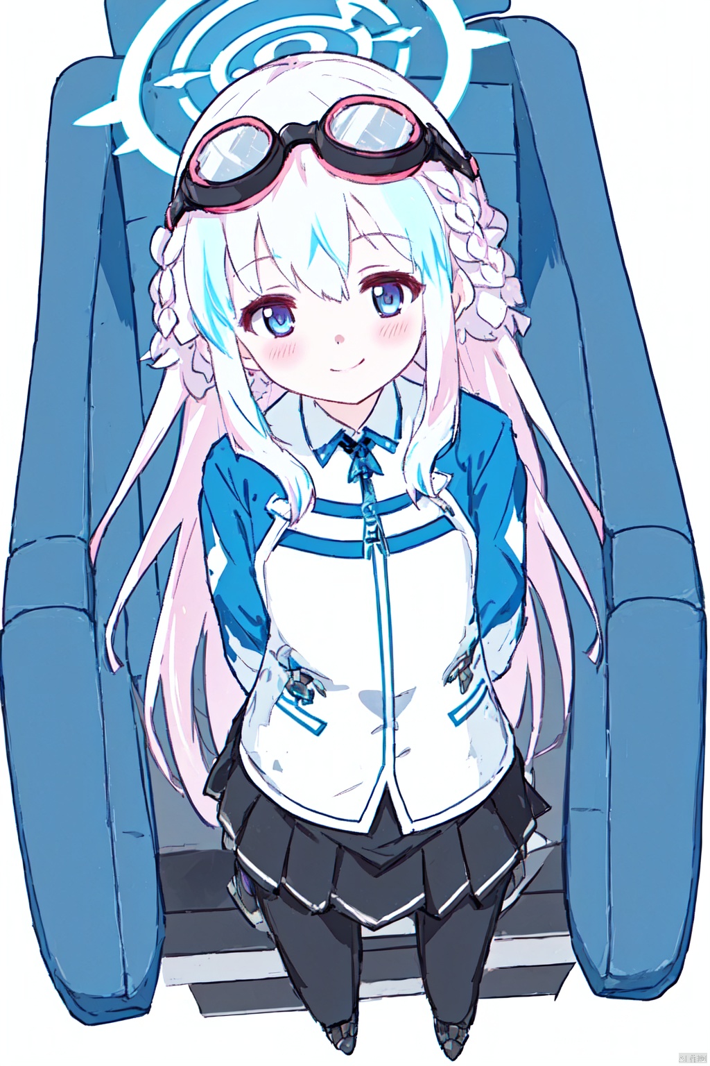 1 girl, full body, white hair,very long hair,white background, mecha armor, 1girl, bodysuit ,looking at the viewer, 1girl, solo, multicolored hair, hair over one eye, halo, blue eyes, pink hair, long hair, white background, smile, colored inner hair, blue hair, looking at viewer, simple background, braid, two-tone hair, white skirt, arona \(blue archive\), arms behind back, skirt, closed mouth, jacket, white jacket, very long hair, bangs, single braid, alternate hairstyle, uniform, long sleeves, streaked hair, blush, upper body，masterpiece, best quality, photorealistic ,fashionmonkey, gorilla, eyewear on head, gears, gem, goggles , gold, jewelry, magic circle,male_focus, owl, pants, shoes, sunglasses, tassel, throne,
 