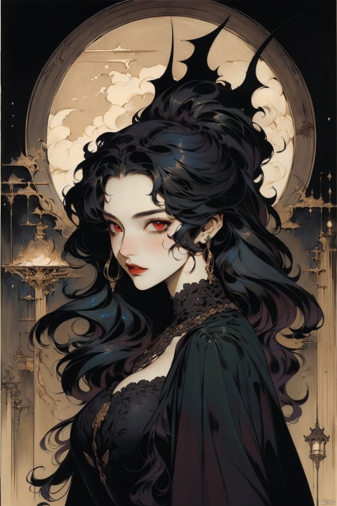 (style of rebecca guay:1.4), masterpiece, best quality, ultra high res, beautiful, incredible details, intricate, (dark theme, horror, gothic:1.2), 1girl, black hair, red eyes